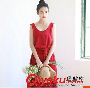 亞麻系列 夏裝新款小清新文藝女純 棉麻紅色連衣裙無袖背心中長裙原始圖片3