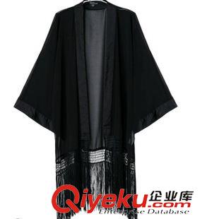 歐美款 歐美爆款批發 黑色流蘇和服雪紡披肩 女速賣通原始圖片2