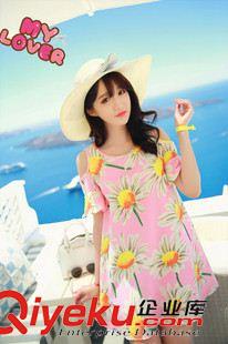 孕婦裝 2015孕婦裝甜美露肩寬松系帶碎花短袖連衣裙