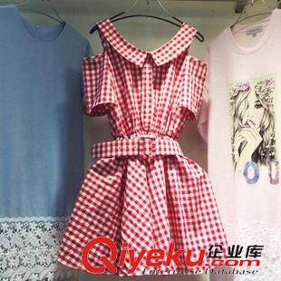 連衣裙 新款英倫格子連衣裙女夏 修身顯瘦小清新短袖露肩裙子潮原始圖片2