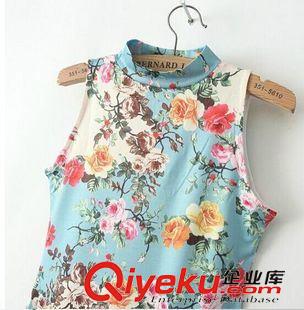 [4.13號新款發(fā)布】 2015ebay速賣通歐美女裝碎花立領修身顯瘦無袖包臀連衣裙批發(fā)原始圖片2