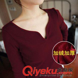 【 韓版長(zhǎng)袖T恤】 新款女裝修身加絨打底衫韓版純色性感V領(lǐng)衫顯瘦加厚保暖長(zhǎng)袖t恤女原始圖片3