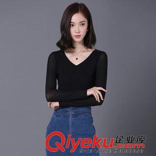 【 韓版長袖T恤】 2015秋裝新款韓版修身女t恤大碼網(wǎng)紗植絨長袖打底衫廠家一件代發(fā)原始圖片2