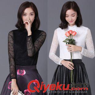 【 韓版長袖T恤】 2015秋季新品女裝時(shí)尚高彈長袖打底衫立領(lǐng)上衣百搭蕾絲衫批發(fā)原始圖片3