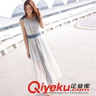 波西米亞連長裙 2015夏季新品女裝 牛仔+雪紡大擺連衣裙 波西米亞長裙沙灘裙