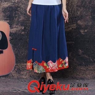 2015裂帛棉麻系列 2015新女裝原創(chuàng)中國民族風(fēng)橡皮筋彈力腰圍棉麻刺繡花A擺裙半身裙