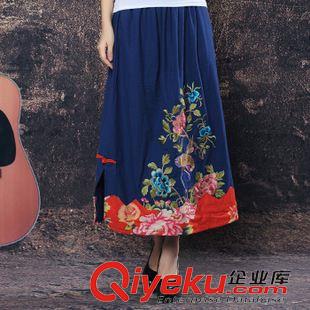 2015裂帛棉麻系列 2015新女裝原創(chuàng)中國民族風(fēng)橡皮筋彈力腰圍棉麻刺繡花A擺裙半身裙