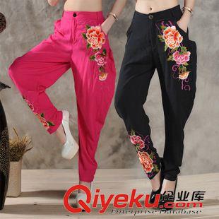 2015裂帛棉麻系列 2015新款女裝民族風刺繡花棉麻休閑褲 女哈倫褲繡花長褲四季款