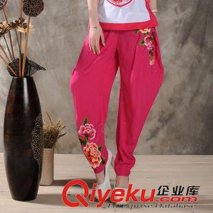 2015裂帛棉麻系列 2015新款女裝民族風刺繡花棉麻休閑褲 女哈倫褲繡花長褲四季款