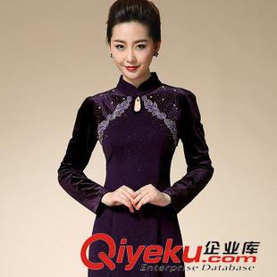 9月1期 2015秋季大碼女裝修身中年長袖顯瘦絲絨連衣裙gd媽媽裝A字裙原始圖片3