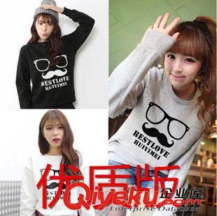 7月3期 2015秋季女裝新款寬松T恤女長袖大碼眼鏡胡子學(xué)院風(fēng)圓領(lǐng)無帽衛(wèi)衣