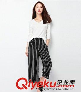 6月3期 高腰顯瘦百搭條紋寬松休閑闊腳褲女七分褲闊腿褲夏2015歐美女原始圖片2