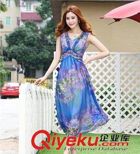 連衣裙 實(shí)拍2015夏裝女新 連衣裙雪紡V領(lǐng)釘珠沙灘印花拖地長(zhǎng)裙廠家批發(fā)原始圖片3