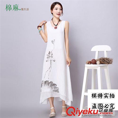 連衣裙 實(shí)拍2015夏新款中國(guó)風(fēng)水墨手繪雙層背心長(zhǎng)裙寬松棉麻連衣裙批發(fā)原始圖片3