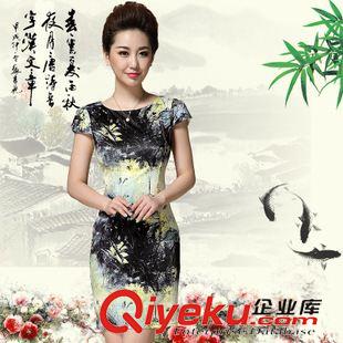 旗袍  唐裝 實拍2015夏裝新款印花媽媽裝短袖修身仿真絲連衣裙氣質復古旗袍原始圖片3