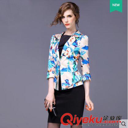 外套 小西裝 風(fēng)衣 2015秋季女裝新款優(yōu)雅名媛時(shí)尚印花修身顯瘦短外套女士小西裝原始圖片3