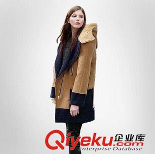 8.12 2015冬裝歐美顯瘦女裝羊羔毛連帽厚實(shí)毛呢外套拼接撞色呢大衣原始圖片3