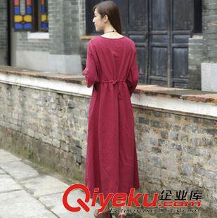 8.22上新 2015秋冬新款棉麻長(zhǎng)袖大口袋中長(zhǎng)款連衣裙原始圖片3