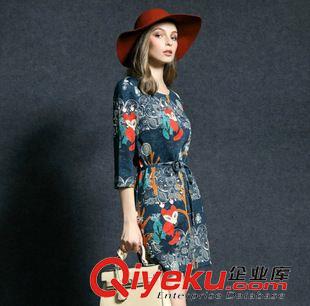 8.25上新 2015初秋新品女裝 歐美印花寬松系腰帶七分袖連衣裙短裙原始圖片2