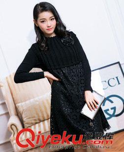 9月1-9月6 2015氣質秋冬款針織毛衣拼接小梅花蕾絲連衣背心裙原始圖片2