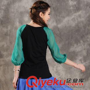 2015民族風(fēng)專區(qū)，逆愛 2015新款民族風(fēng)女裝 繡花撞色拼接雪紡袖燈籠袖圓領(lǐng)七分袖t恤女原始圖片2