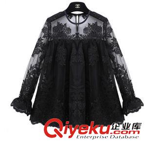 2015 蕾絲.雪紡衫 8879#2015年歐洲站春新款 精致宮廷蕾絲刺繡透視拼接花瓣袖大擺蕾原始圖片3