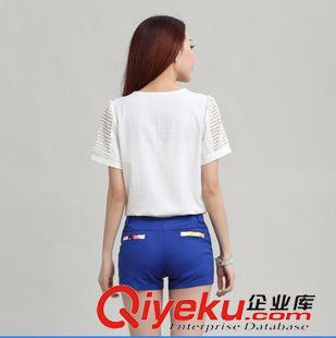2015 蕾絲.雪紡衫 2014雪紡衫女夏裝新款短袖修身鏤空蕾絲V領(lǐng)潮白色打底衫原始圖片3