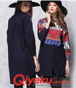 2015時(shí)尚極簡襯衣 6966歐美幾何拼接棉A字加大碼寬松條紋長袖襯衫裙明星同款連衣裙