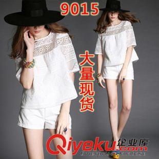 六月新款 現(xiàn)貨2015 歐洲站夏裝新款女裝蕾絲花邊鏤空小香風(fēng)套裝 兩件套
