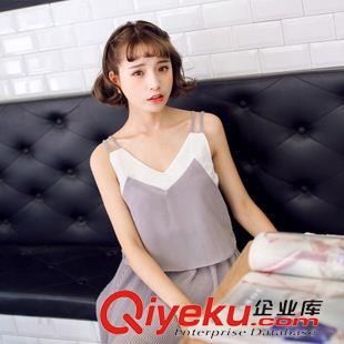 六月新款 [模特實拍]2015甜美夏季清涼拼色吊帶連衣裙假兩件壓褶裙子原始圖片2