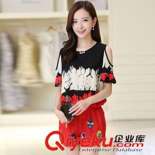 六月新款 【實(shí)拍】2015雪紡衫女夏季寬松小衫露肩上衣女顯瘦露肩雪紡衫套裝原始圖片2