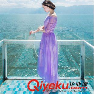 六月新款 2015夏裝新款紫色蕾絲 七分袖連衣裙 藝術復古網紗 大擺連衣裙原始圖片2