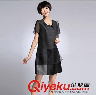 四月新款 2015春夏新款歐根紗拼色真絲中長(zhǎng)款大碼寬松女裝顯瘦拼接連衣裙原始圖片2