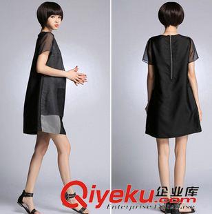 四月新款 2015春夏新款歐根紗拼色真絲中長(zhǎng)款大碼寬松女裝顯瘦拼接連衣裙原始圖片3