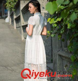 三月新款 1300#2015春夏新款仙女蕾絲雪紡短袖復(fù)古連衣裙修身長(zhǎng)裙原始圖片3