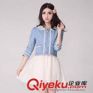 三月新款 2015夏季新款女裝復(fù)古珍珠修身百搭圓領(lǐng)長袖牛仔短外套原始圖片2