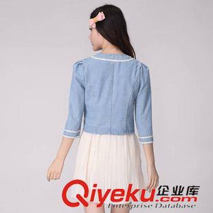 三月新款 2015夏季新款女裝復(fù)古珍珠修身百搭圓領(lǐng)長袖牛仔短外套原始圖片3