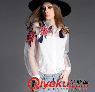 三月新款 2015新款歐美民族春夏刺繡花襯衣歐根紗網(wǎng)紗長(zhǎng)袖拼接襯衫原始圖片2