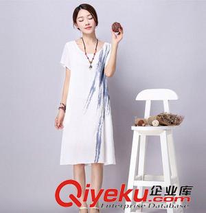 短袖連衣裙 2015夏季新裝爆款文藝復(fù)古 柔軟棉麻范漸變扎染短袖連衣裙長裙
