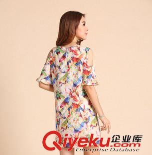 短袖連衣裙 2014新款韓版女裝連衣裙子 水彩小鳥印花露肩花瓣袖A字裙9060原始圖片3