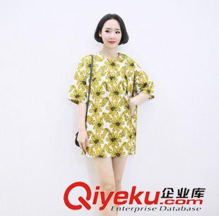 短袖連衣裙 2015夏季新款歐美風(fēng)開花的小鹿頭像印花圓領(lǐng)短袖連衣裙女裙