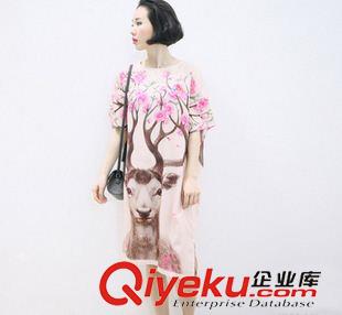 短袖連衣裙 2015夏季新款歐美風(fēng)開花的小鹿頭像印花圓領(lǐng)短袖連衣裙女裙原始圖片2