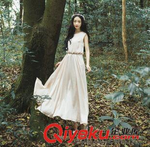 無袖連衣裙 2015【范冰冰張馨予同色系】棉麻印花寬松系帶修身連衣裙女 祥云