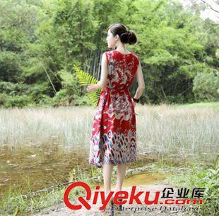 無袖連衣裙 2015【范冰冰張馨予同色系】棉麻印花寬松系帶修身連衣裙女 祥云原始圖片3