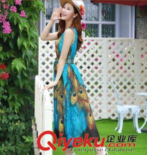 無袖連衣裙 實(shí)拍 2015夏新款長(zhǎng)款大擺真絲雪紡孔雀印花連衣裙長(zhǎng)裙9181原始圖片2