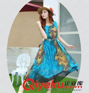 無袖連衣裙 實(shí)拍 2015夏新款長(zhǎng)款大擺真絲雪紡孔雀印花連衣裙長(zhǎng)裙9181原始圖片3