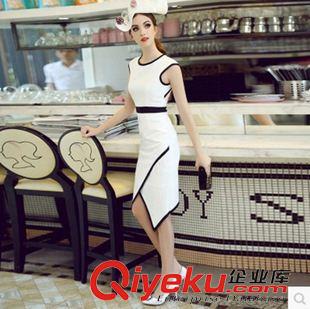 無袖連衣裙 2015夏裝新款女黑白拼色性感露背收腰修身OL名媛氣質(zhì)連衣裙原始圖片2