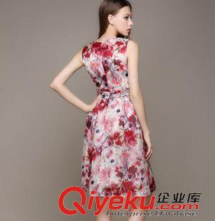 無(wú)袖連衣裙 實(shí)拍2015夏季歐根紗桑蠶絲花朵真絲連衣裙中長(zhǎng)款印花背心裙原始圖片3
