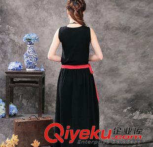 無袖連衣裙 實(shí)拍 1534 2015新款 森女文藝 繡花 撞色 V領(lǐng)復(fù)古棉麻連衣裙原始圖片3