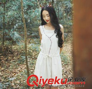 無(wú)袖連衣裙 2015 棉麻背心連衣裙文藝復(fù)古小清新寬松長(zhǎng)裙女百褶系帶裙